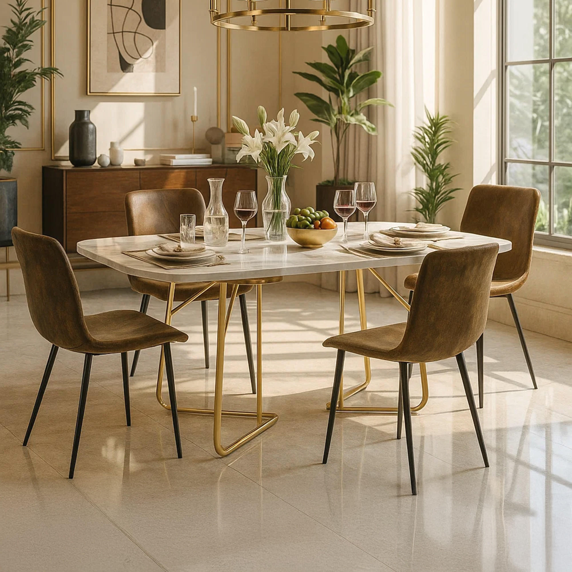 ESSTISCH SET Marmoroptik mit 4 Stühlen Vintage Braun Metallgestell - Braun, Holzwerkstoff (180/75/80cm) - Urban Meuble