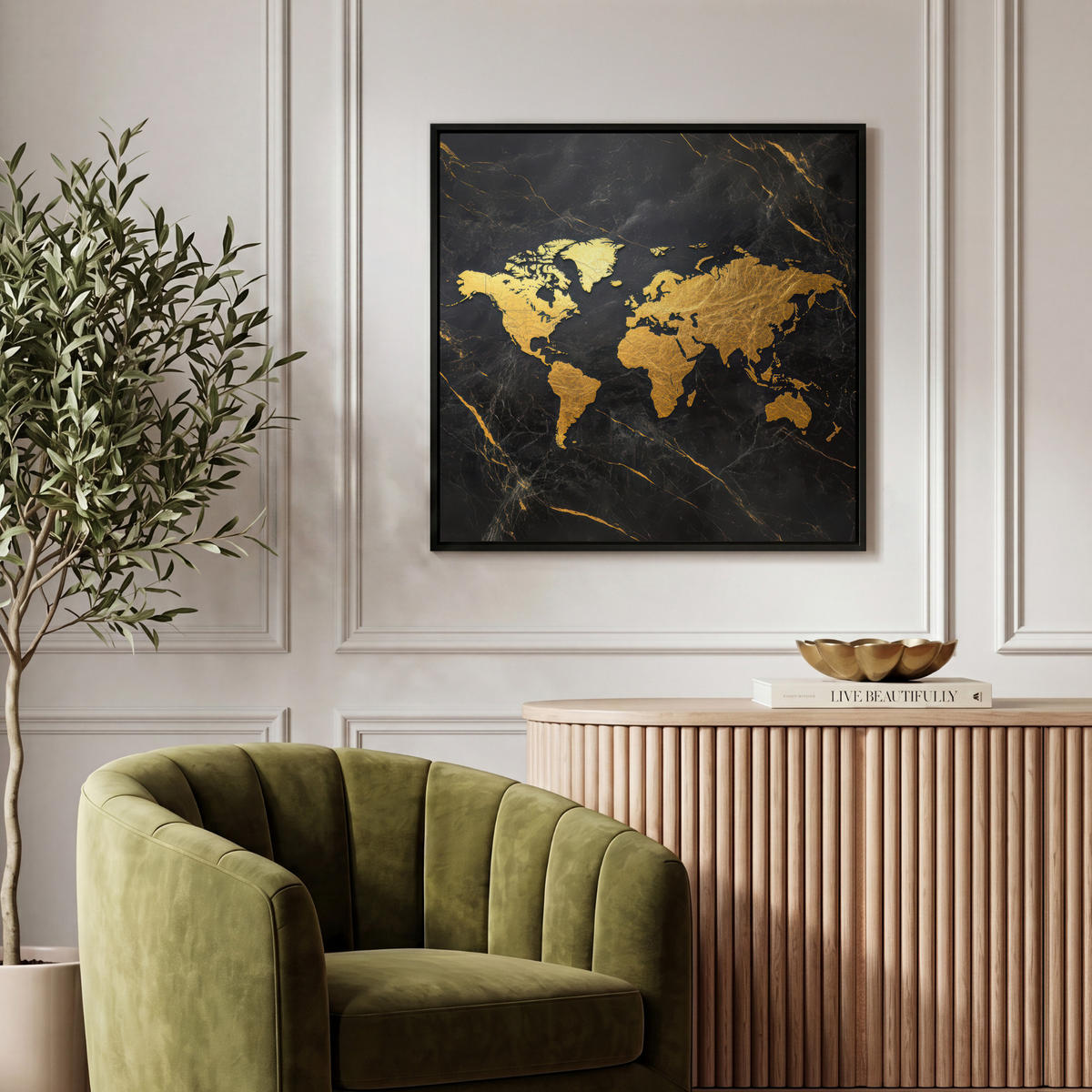 LEINWAND Bilder mit Rahmen - Weltkarte - Gold - Marmor - 50x50 - Goldfarben, Textil (50/50cm) - MuchoWow