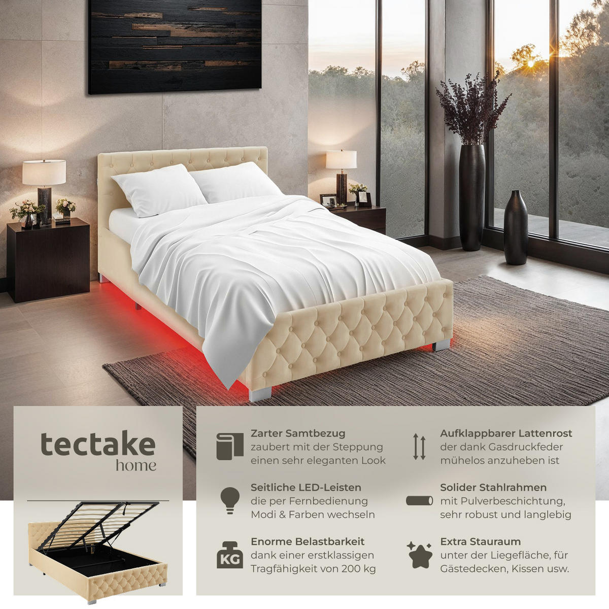 POLSTERBETT Sedona,großer Stauraum,beige - Beige, Holz (120/200cm) - tectake