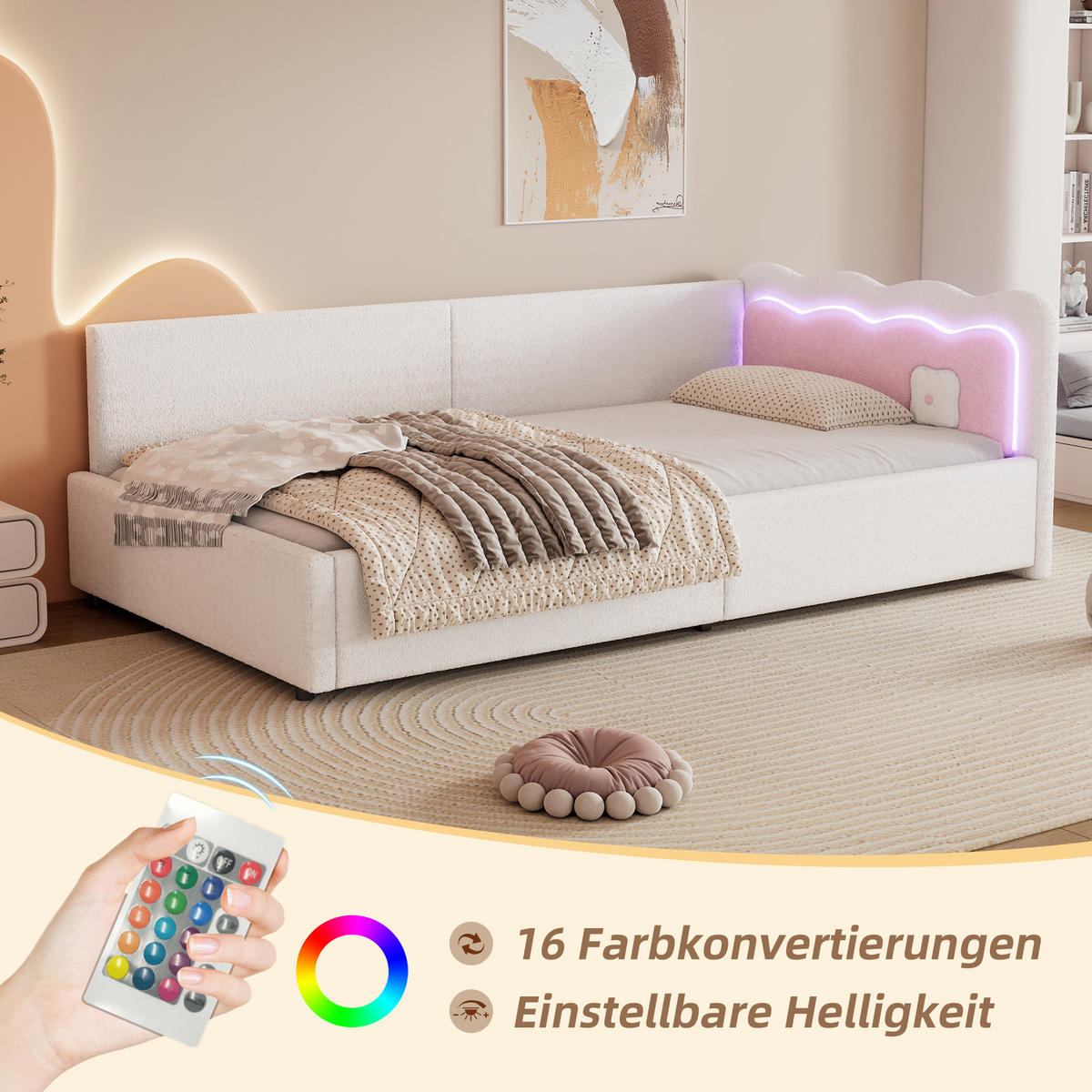 TAGEBETT 90x200cm Weiß Vliesimitat LED-Umgebungslicht Fernbedienung - Weiß, Holz (90/200cm) - FLIEKS