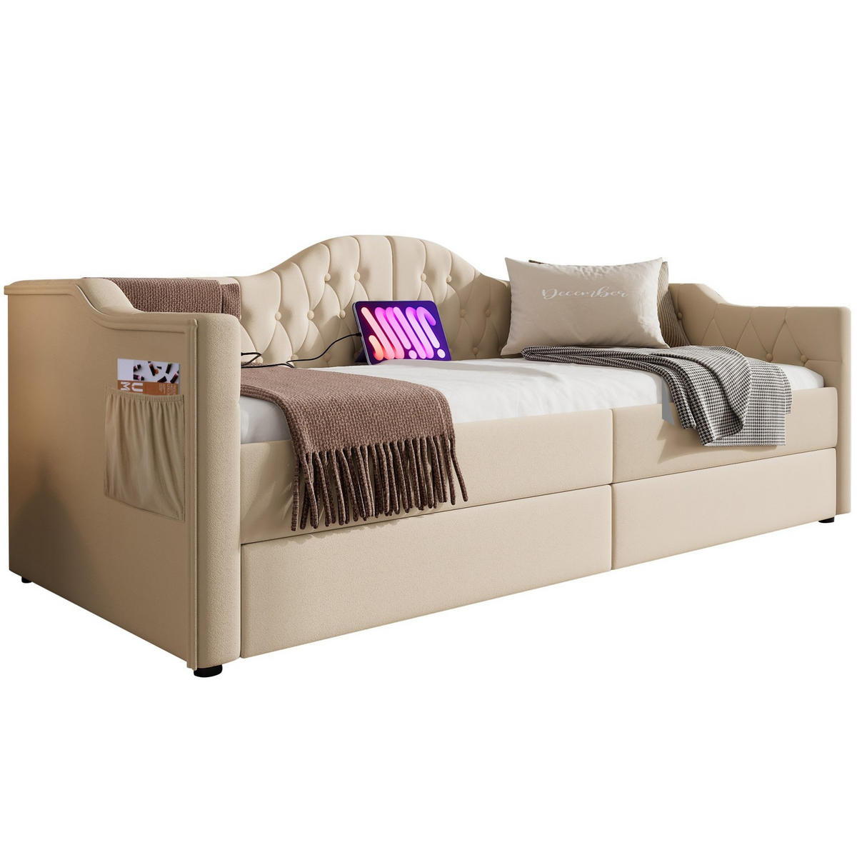 POLSTERBETT 90/200 cm Beige mit USB- und Type-C-Anschlüssen und 2 Schubladen - Beige, Textil (90/200cm) - OKWISH