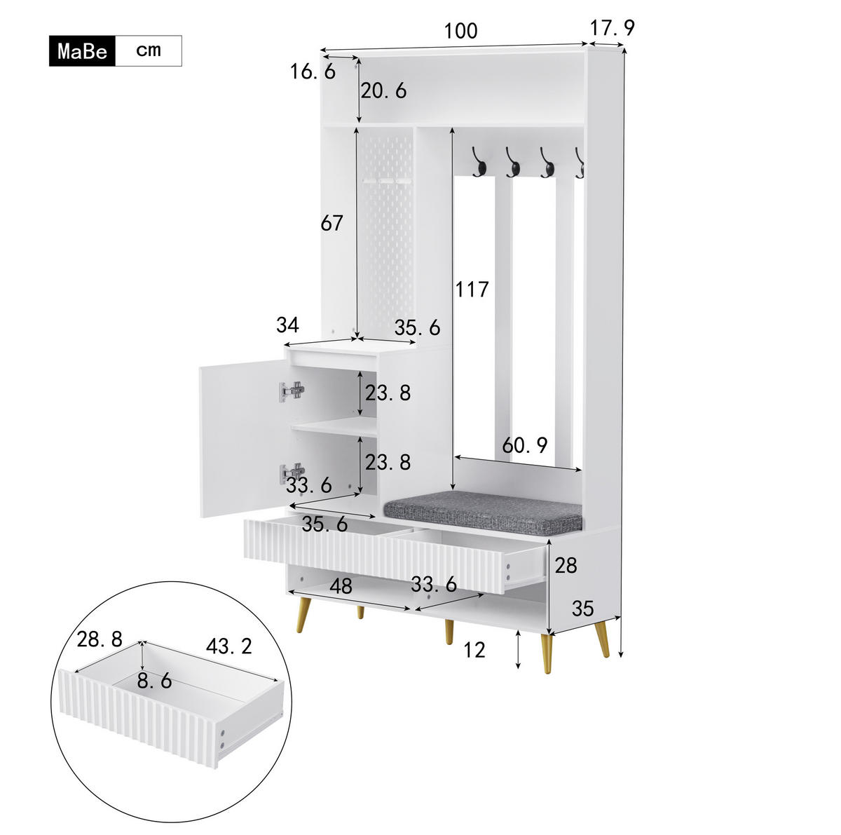 DIELENGARDEROBE mit Sitzbank, 4 Haken und Schuhablage, Weiß, 100/35/180 cm - Weiß, Holzwerkstoff (100/180/35cm) - BEAOK