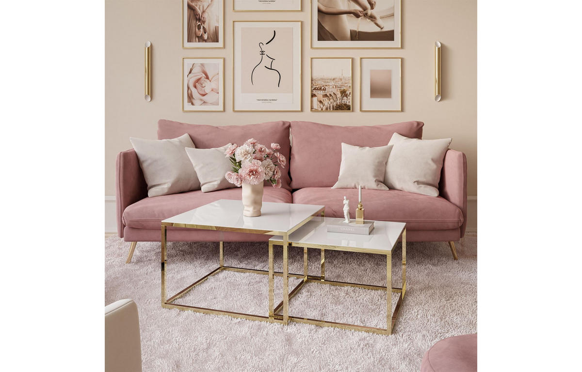 COUCHTISCH YOSHI 2in1 70/70/41 cm Gold chrom / Weißes Glas - Weiß, Glas/Metall (70/70/41cm) - Lookway