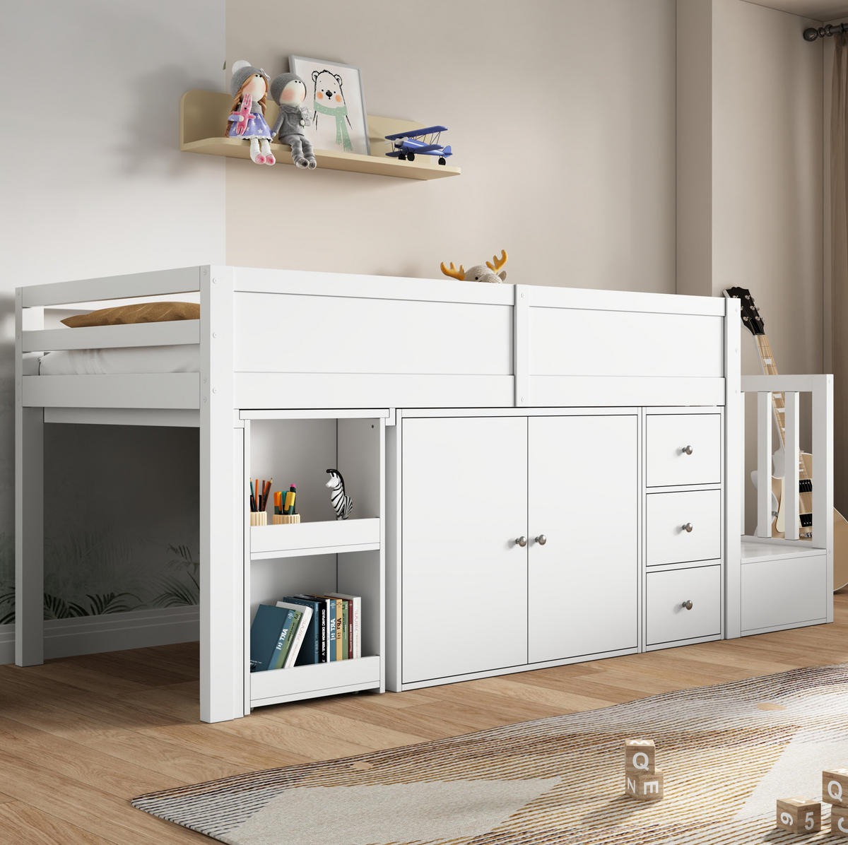 PATROVÁ postel 90/200 cm bílá z MDF s psacím stolem a úložným prostorem - bílá, kompozitní dřevo (90/200cm) - OKWISH