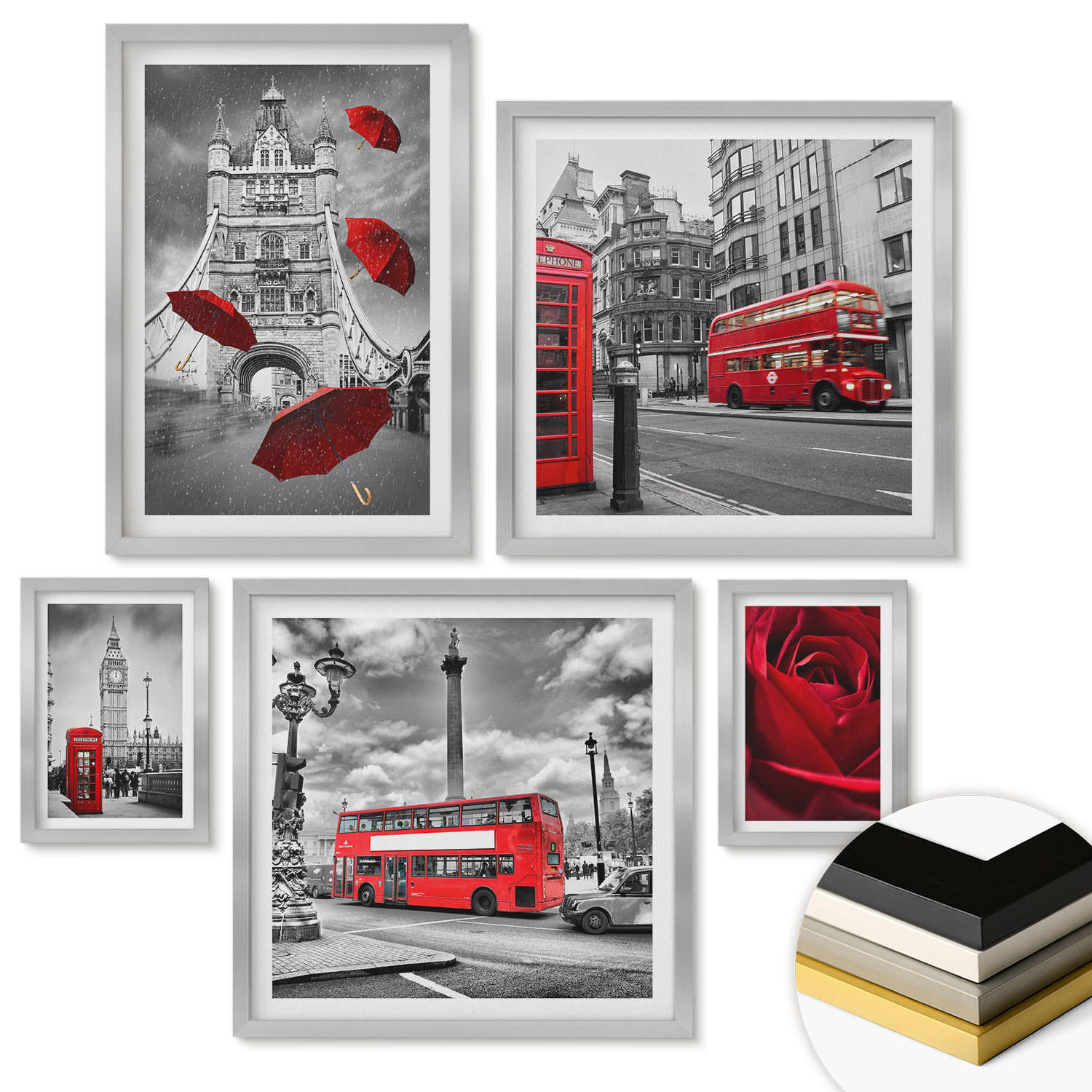 WANDBILDER 5er Set - 50x50 cm & 20x30 cm & 40x60 cm Silberner Rahmen - Ginkgoblätter, heller Hintergrund - Silberfarben, Kunststoff (40/60cm) - ArtPrintCave
