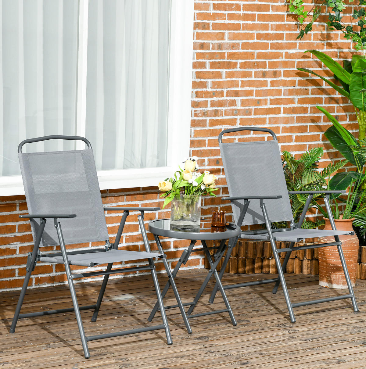 BISTRO-SET 3-teilig mit Klappfunktion, Stahlgestell und Glastisch, 53,5/64/93 cm, Hellgrau - Hellgrau, Metall - Redom