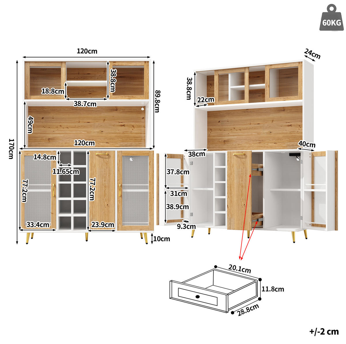 BUFFETSCHRANK 120/40/170 cm Weiß/Holzdekor aus MDF mit LED und Steckdose - Weiß, Holzwerkstoff (120/170/40cm) - OKWISH