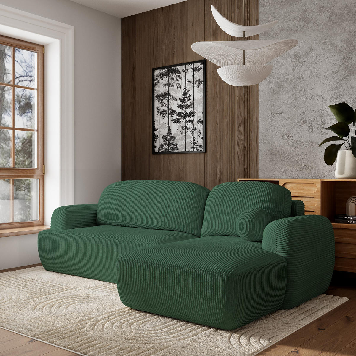 ECKSOFA MODENZA P R-S Grün Kordstoff mit Schlaffunktion - Grün, Holz (266/148cm) - MASSENO