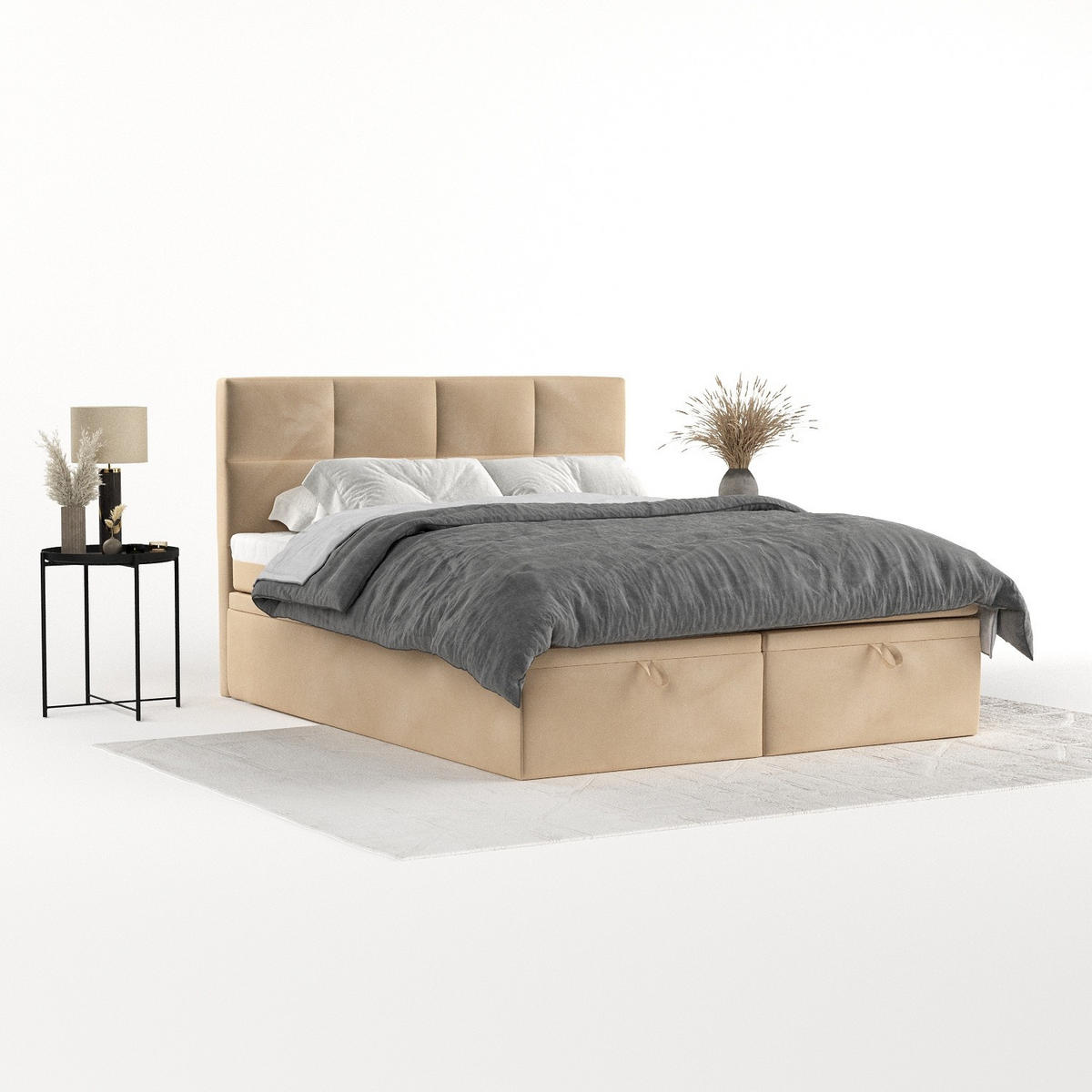 BOXBETT Tessa 200/200 cm Beige im Kronos Stoff - Beige/Schwarz, Holz/Holzwerkstoff (200/200cm) - AltaBeds