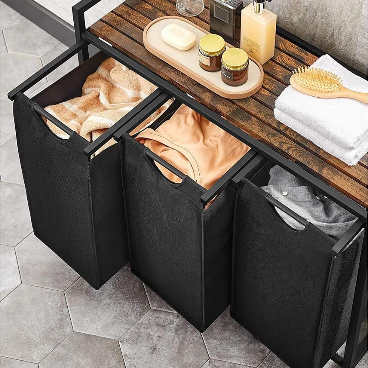 WÄSCHEBEHÄLTER mit 3 Fächern 38L - Schwarz, Holzwerkstoff (33/72/92.5cm) - Calicosy