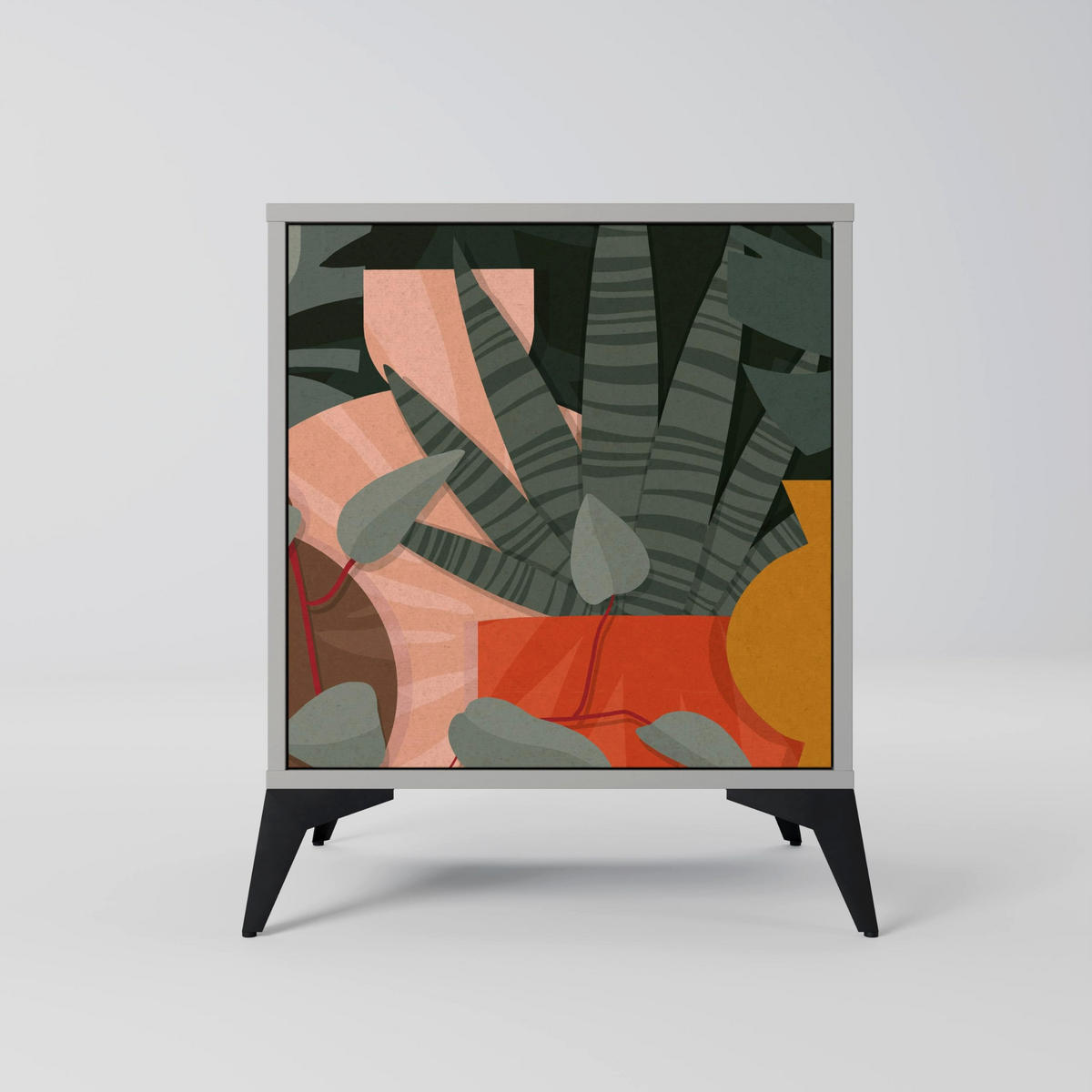 SIDEBOARD TROPICAL COMPOSITION, Grau, 57,5x42x67,5 cm, Schwarze Metall-Rahmenfüße - Multicolor/Schwarz, Holzwerkstoff/Metall (57.5/67.5/42cm) - SpaceRebels