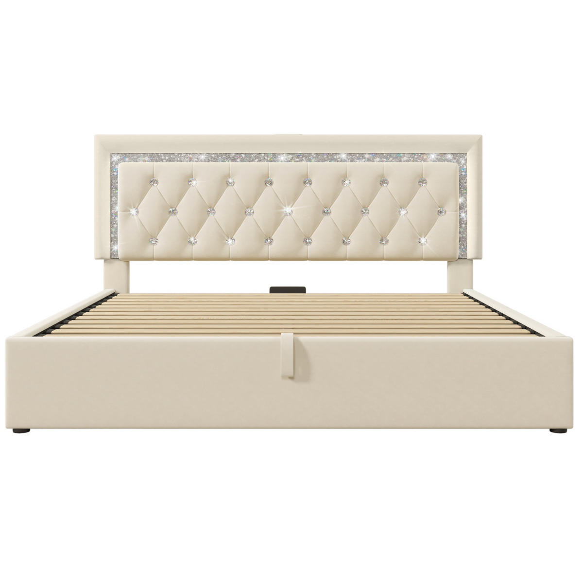 POLSTERBETT aus Samt 140x200 cm Beige mit LED-Beleuchtung, USB/Type-C und hydraulischem Bettkasten - Beige, Textil (140/200cm) - IVMEU