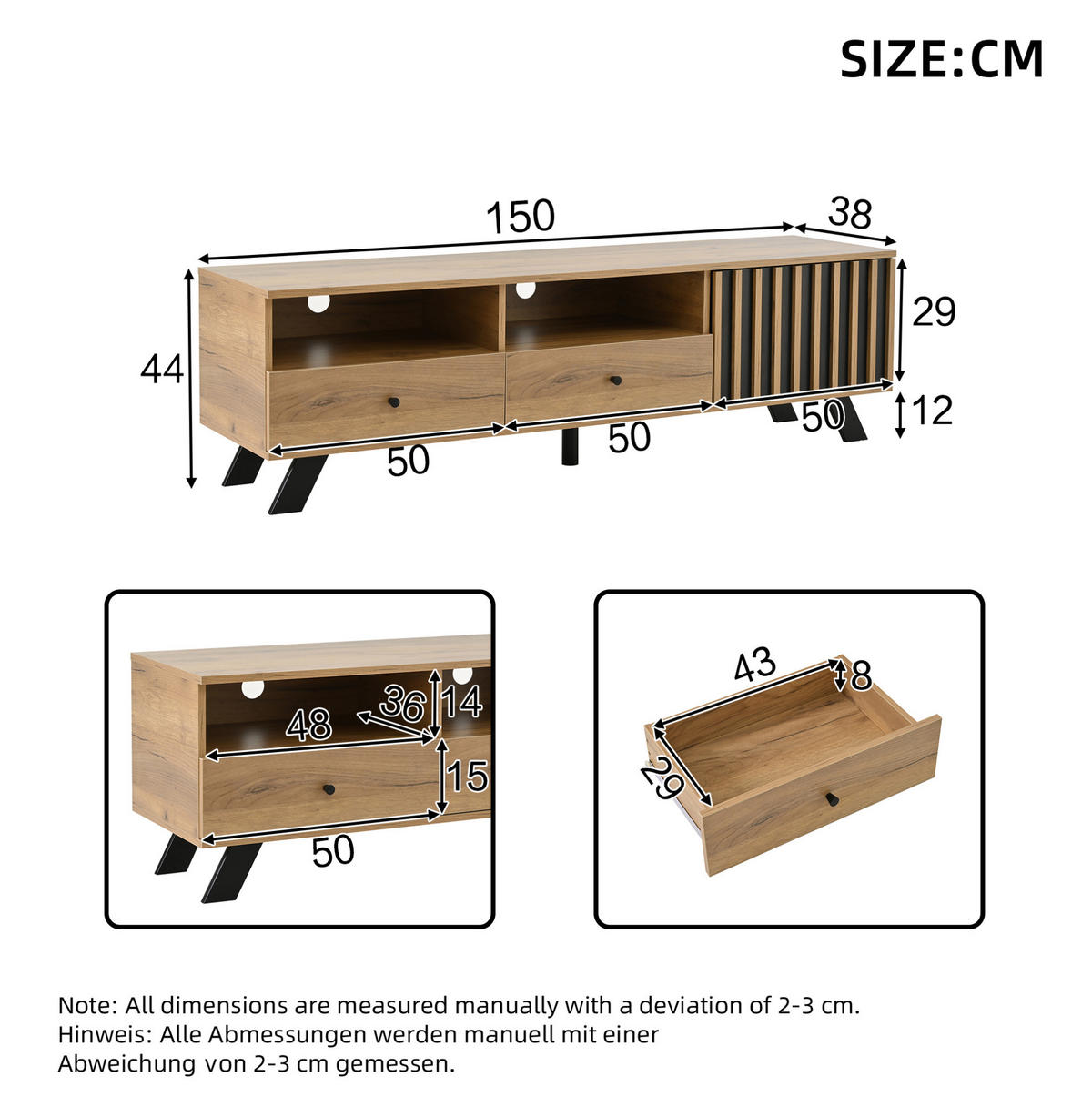 TV-SCHRANK aus Spanplatte 150x38x44 cm Naturholzfarbe/Schwarz mit 2 Schubladen, 1 Schrank und halboffenen Fächern - Naturfarben, Holzwerkstoff (150/44/38cm) - Modfu