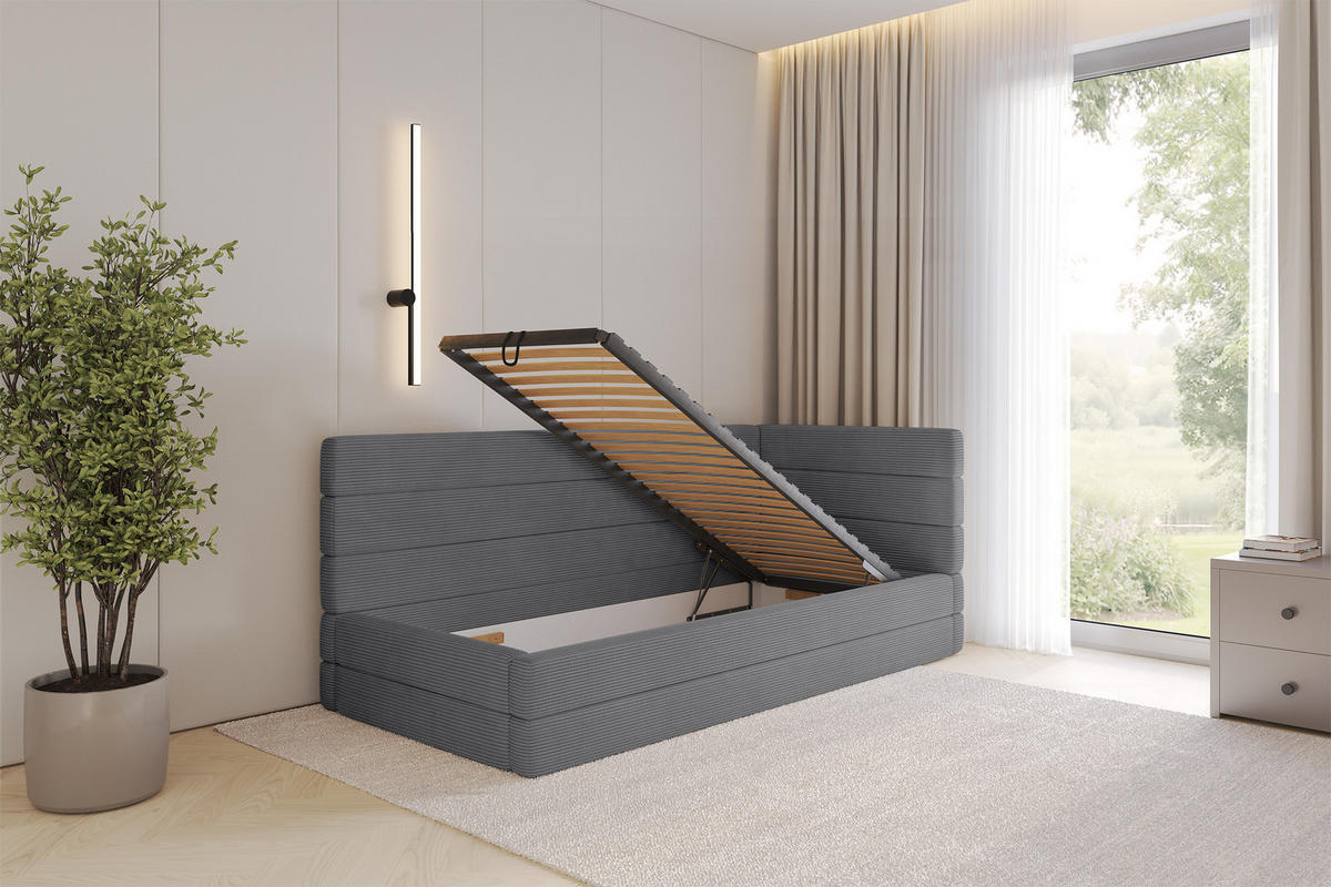 EINZELLBETT Jugendbett mit Bettkasten, Links - BEMY 90x200 Dunkelgrau - Graphitfarben, Holzwerkstoff/Textil (90/200cm) - ALTDECOR