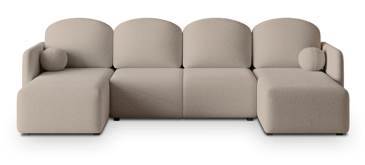 WOHNLANDSCHAFT NUBERO Beige Boucle-Stoff mit Schlaffunktion - Beige, Holz (285/85/143cm) - MASSENO