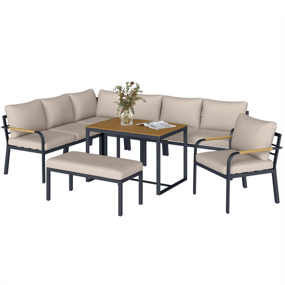 GARTENLOUNGE-SET 7tlg DE-13711 modular mit WPC-Tisch Beige & Grau - Mokka, Metall - ComfortXL