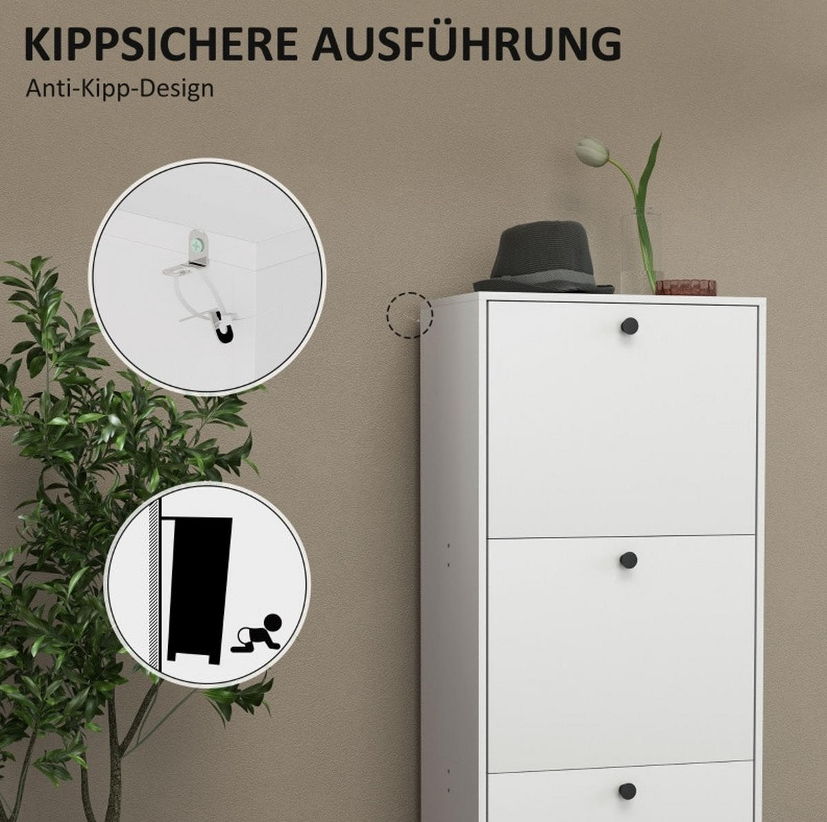 SCHUHSCHRANK 47/115/28 cm Weiß aus Holz mit 3 Klappen - Weiß, Holzwerkstoff (47/115/28cm) - OKMYHOME
