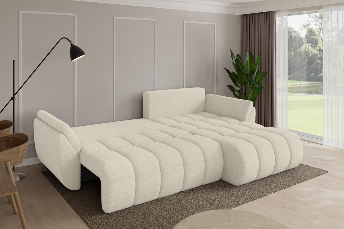 ROHOVÁ SEDAČKA s funkcí spaní, otoman vpravo TOKO-L-v1 277x194x86 béžová bouclé - černá/písková barva, kompozitní dřevo/textil (277/194cm) - ALTDECOR