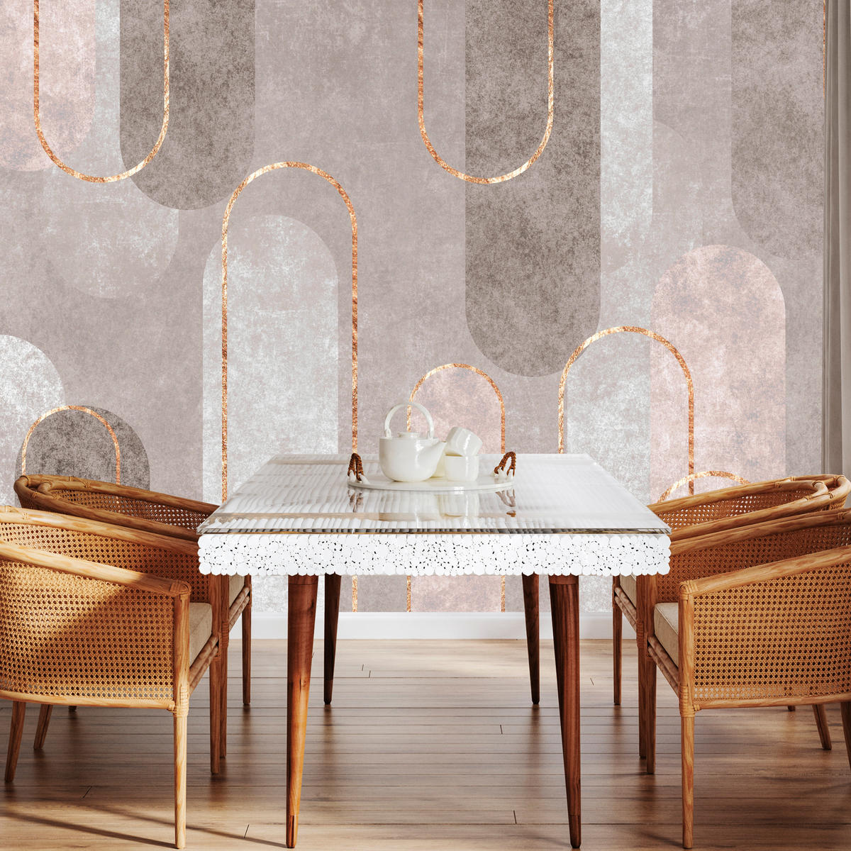 FOTOTAPETE für Wohnzimmer Geometrische Bögen Beige Beton 400x280 - Beige/Braun, Papier (400/280cm) - Muralo