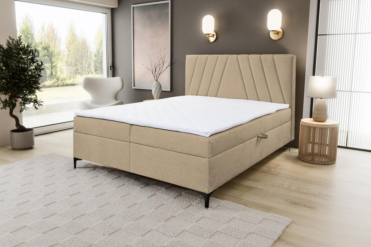 BOXBETT CAPRI mit 2 Bettkästen, Maße: 180x200 cm, Farbe: Hellbraun, Velourstoff, mit Bonell-Matratze inkl. Topper - Hellbraun, Holz/Kunststoff (180/200cm) - VENASI MÖBEL