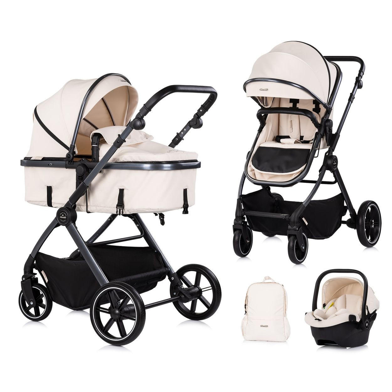 KOMBIKINDERWAGEN Pearl 3 in 1 beige EVA-Material, 5-Punkt-Gurt, 3-Punkt-Gurt, Babyschale, Sportsitz - Beige, Metall (75/65/104cm) - Chipolino