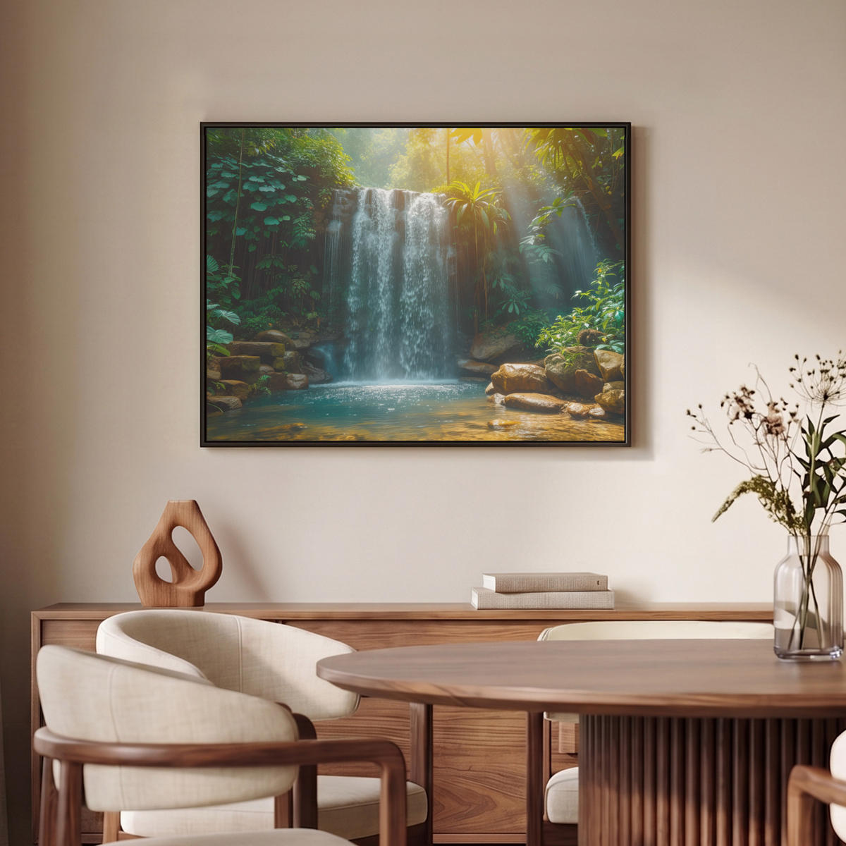 LEINWAND Bilder mit Rahmen - Wasserfall - Dschungel - Sonne - Grün - Natur - 80x60 - Grün, Textil (80/60cm) - MuchoWow