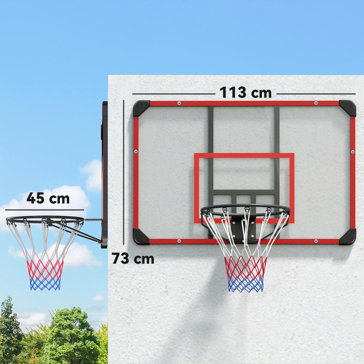 BASKETBALLKORB, Basketballbrett mit Korb, Wandmontage, für Outdoor, Stahl - Rot, Metall (61/113cm) - SPORTNOW