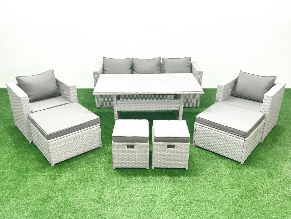 GARTENSET mit Esstisch,Sofa,3 Fußhocker,2 Stühle Polyrattan Hellgrau 9-Sitzer - Hellgrau/Grau, Glas/Kunststoff - Fimous