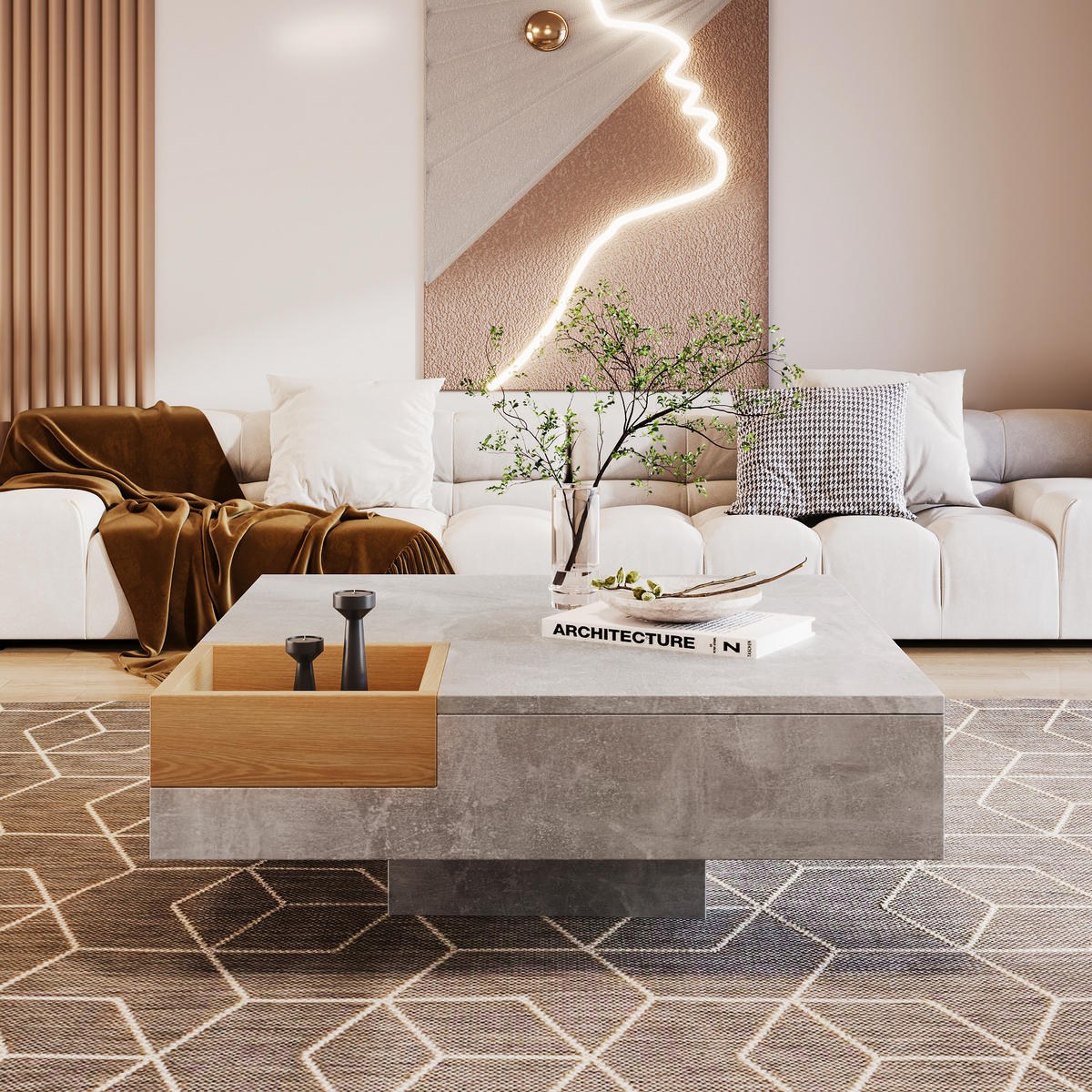 COUCHTISCH, Spanplatte in Betonoptik mit herausnehmbarer Naturfarbenner Box, kompakter Design-Tisch, 72/72/30 cm, grau und Naturfarben - Grau, Holzwerkstoff (72/72/30cm) - Redom