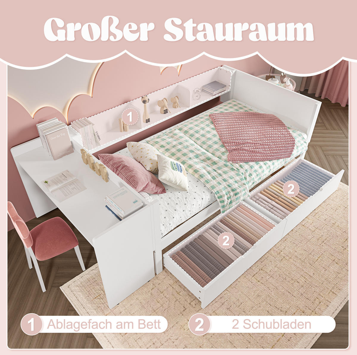 KINDERBETT 90/200 cm Weiß aus Kiefern mit Schreibtisch, 2 Schubladen und Regalen - Weiß, Holz (90/200cm) - OKMYHOME