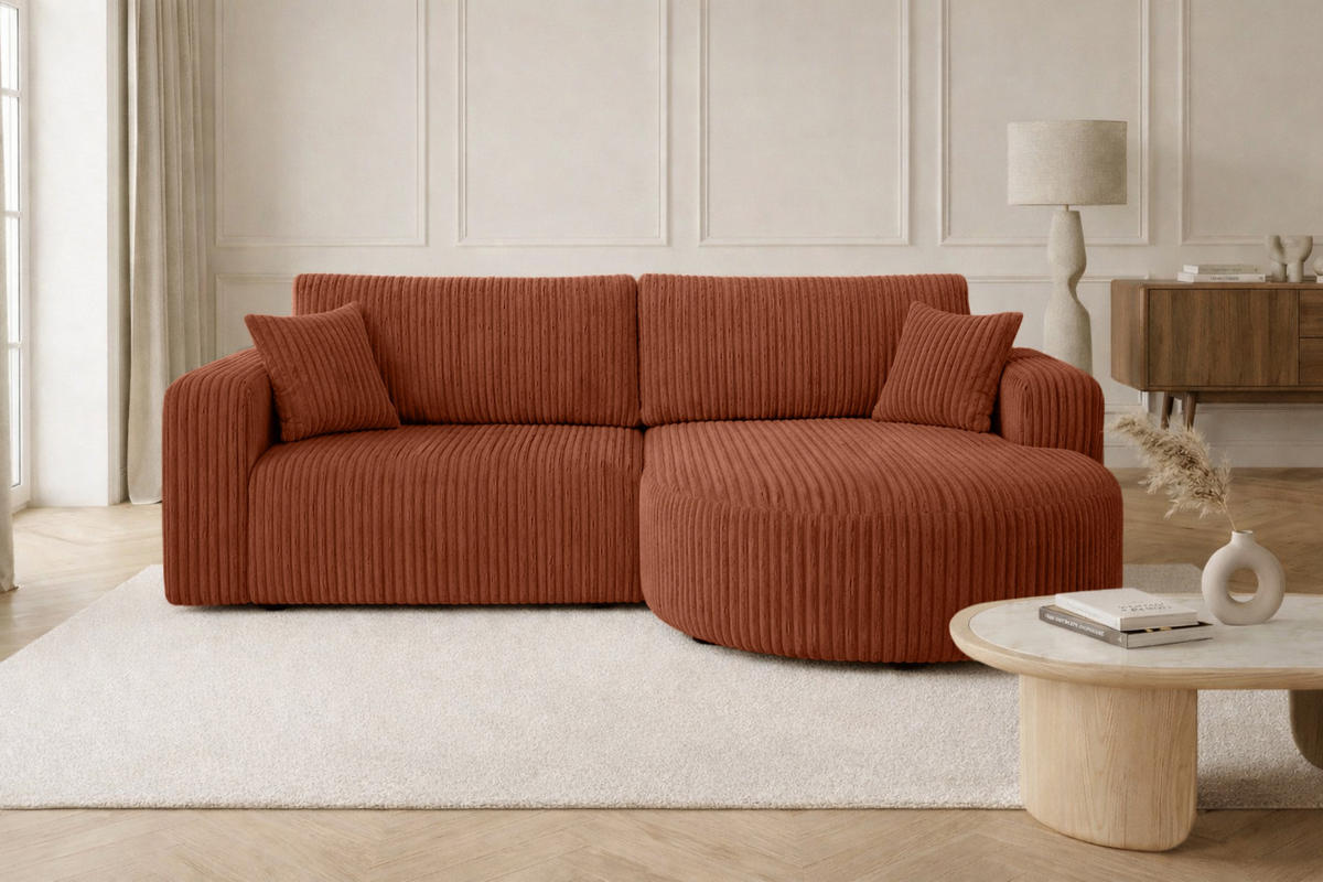 ECKSOFA Mit Schlaffunktion, Cordstoff Tilia, Kupfer, Rechts, ROUND ONE - Orange, Holz (244/175cm) - Kaiser Möbel