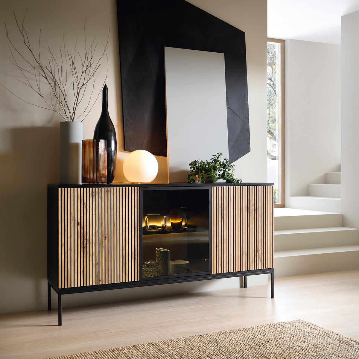 SIDEBOARD SENTIERO 154/83/39 cm 3 Türen Schwarz - Eiche Wotan/Schwarz, Holzwerkstoff (154/83/39cm) - MASSENO