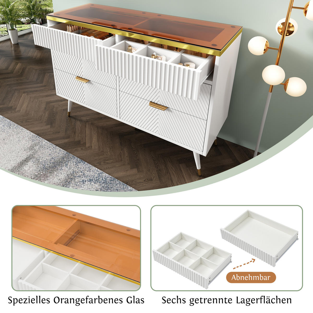 KOMMODE in Weiß Sideboard aus Bernstein Glas mit Schubladen für Wohnzimmer und Schlafzimmer, B120/T40/H76 cm - Weiß, Holzwerkstoff/Metall (120/76/40cm) - STILVORA