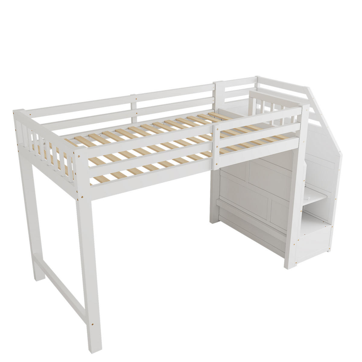 HOCHBETT 90/200 cm weiß aus Kiefernholz und MDF mit Stauraumtreppe - Weiß, Holzwerkstoff (90/200cm) - OKWISH