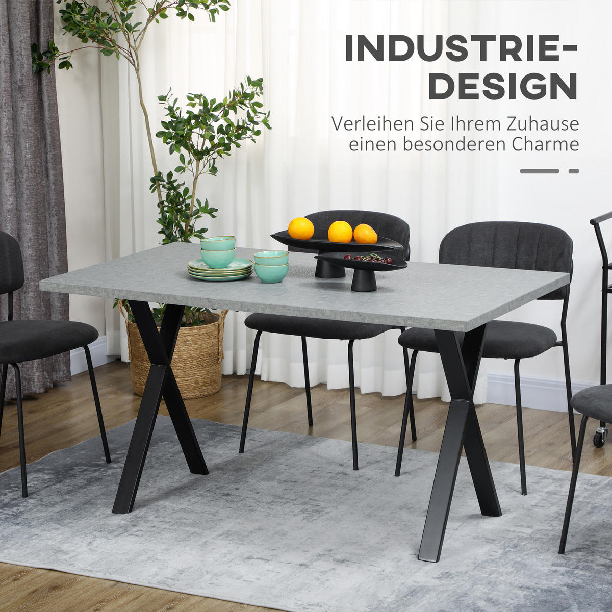 ESSTISCH, MDF, Stahl, Grau - Grau, Kunststoff (140/80/76cm) - HOMCOM