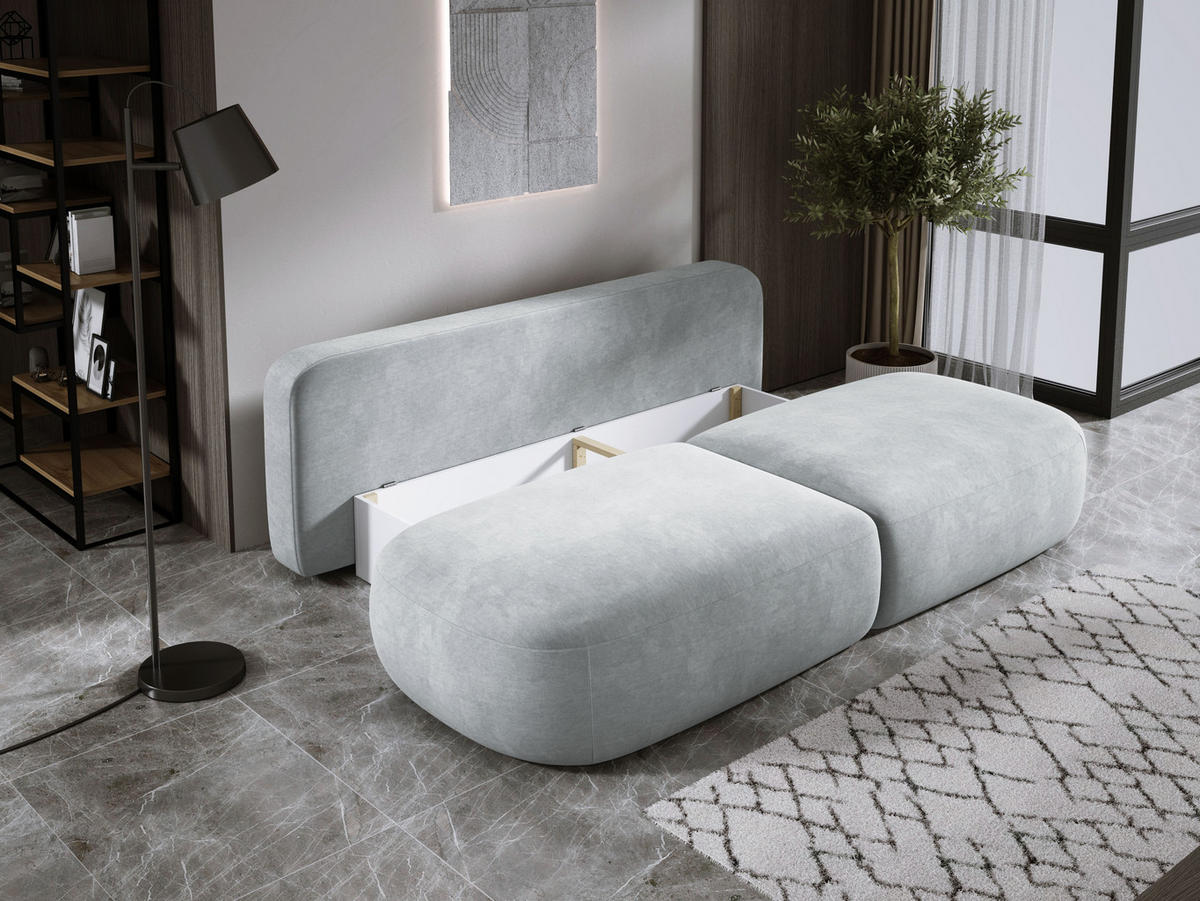 SCHLAFSOFA Moderne BABU mit Schlaffunktion – 3-Sitzer Sofa mit Bettkasten, DL-Automat, 2 Rückenkissen, 2 Zierkissen, 240x90x90 cm, Silber - Silberfarben, Holz/Textil (240/90/90cm) - DomoHome