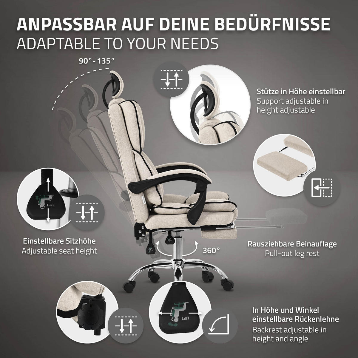 BÜROSTUHL - Beige, Metall (66/130.5/59cm) - ML-DESIGN