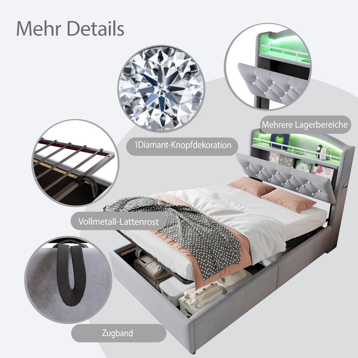 KINDERBETT 90x200 cm Grau Samt Multifunktion Stauraum LED USB - Grau, Textil - FLIEKS