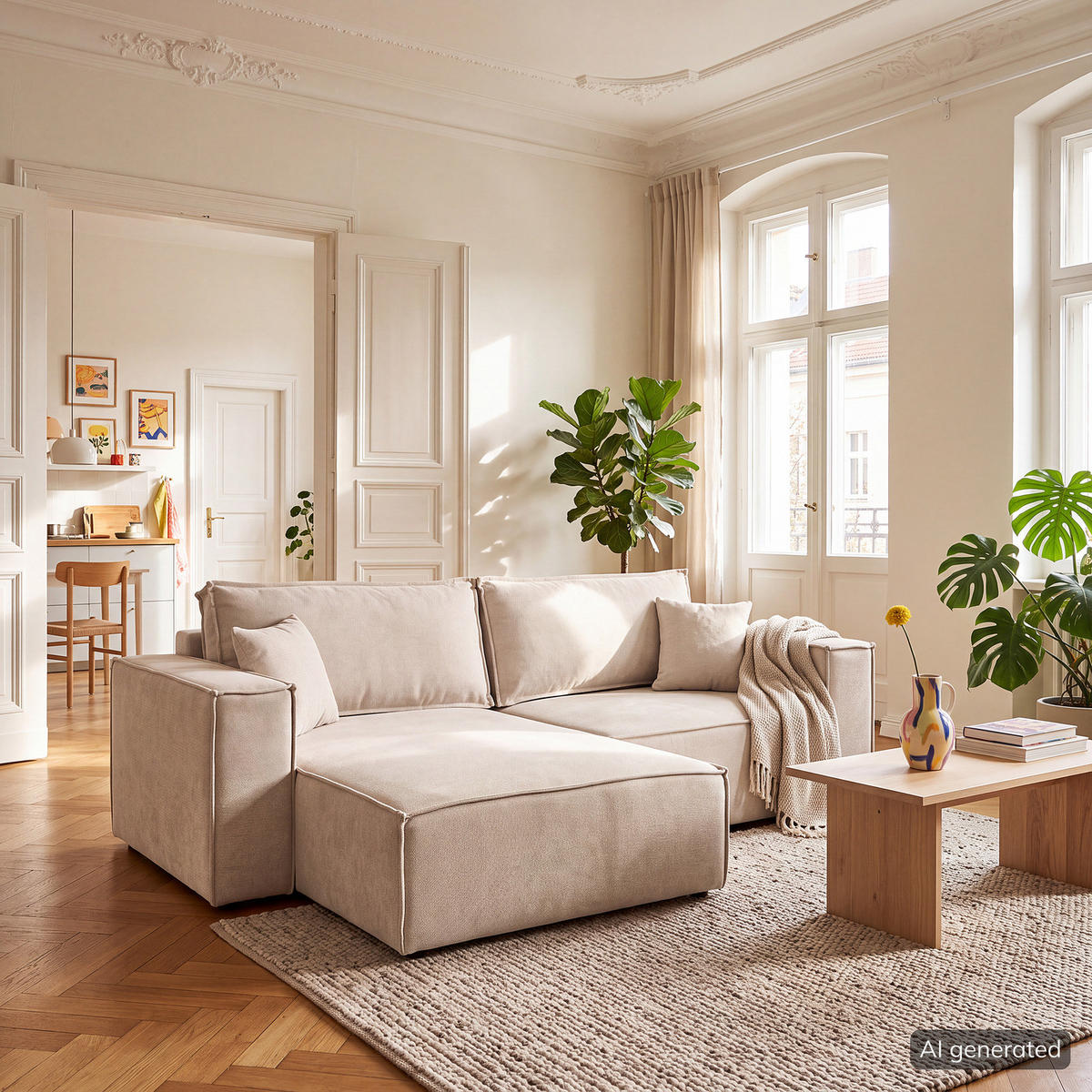ECKSOFA mit Schlaffunktion - 255 cm - Beige/Schwarz, Kunststoff/Textil (255/148cm) - home24