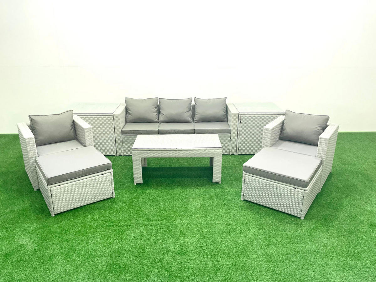 GARTENSET mit 3-SITZER SOFA,COUCHTISCH Polyrattan Hellgrau-Mix 7-Sitzer - Hellgrau/Grau, Glas/Kunststoff - Fimous