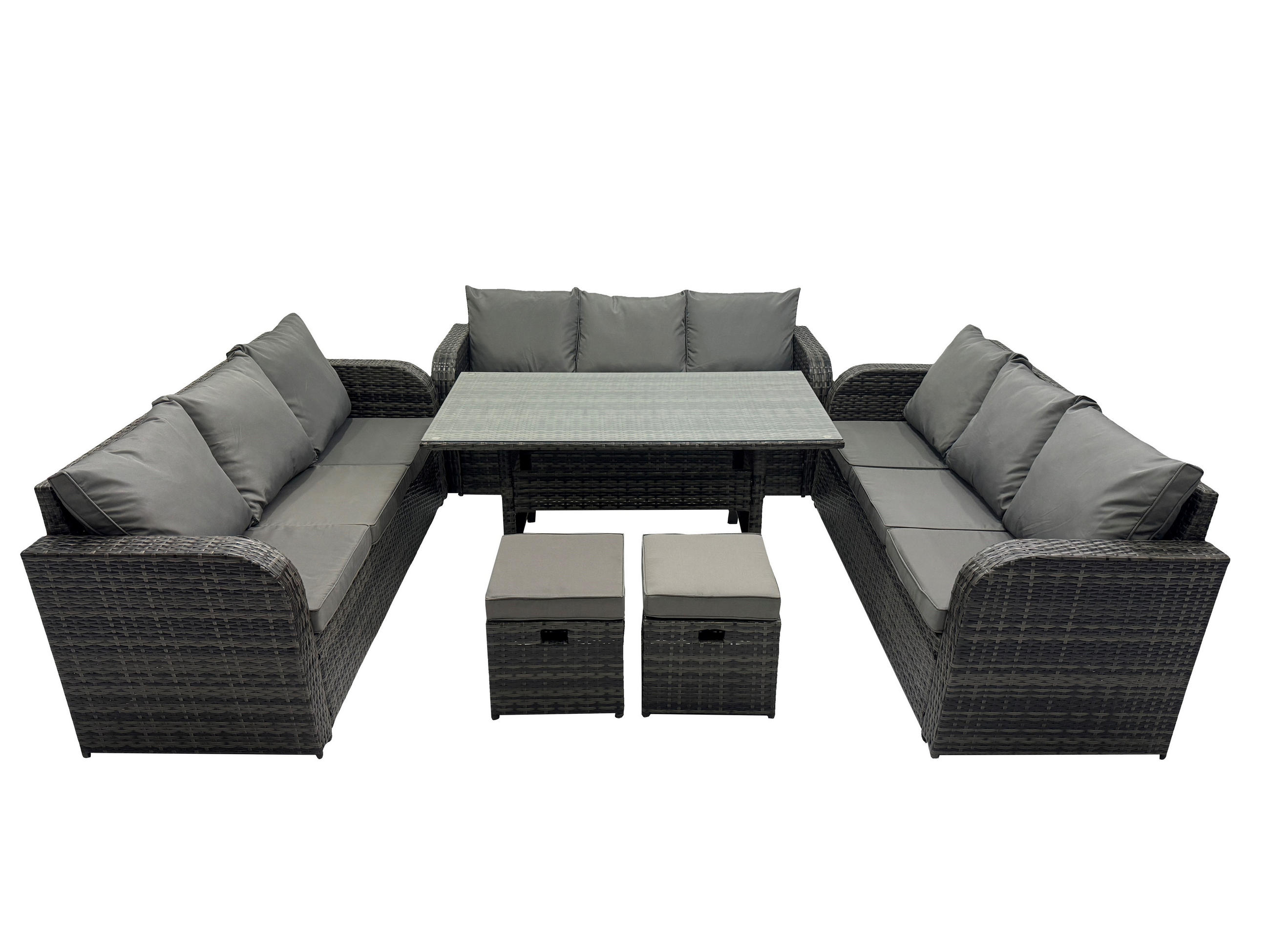 GARTENTISCHGRUPPE mit 2 Hocker Polyrattan Dunkelgrau 11-Sitzer - Dunkelgrau/Grau, Glas/Kunststoff - Fimous