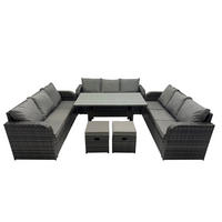 GARTENTISCHGRUPPE mit 2 Hocker Polyrattan Dunkelgrau 11-Sitzer - Dunkelgrau/Grau, Glas/Kunststoff - Fimous