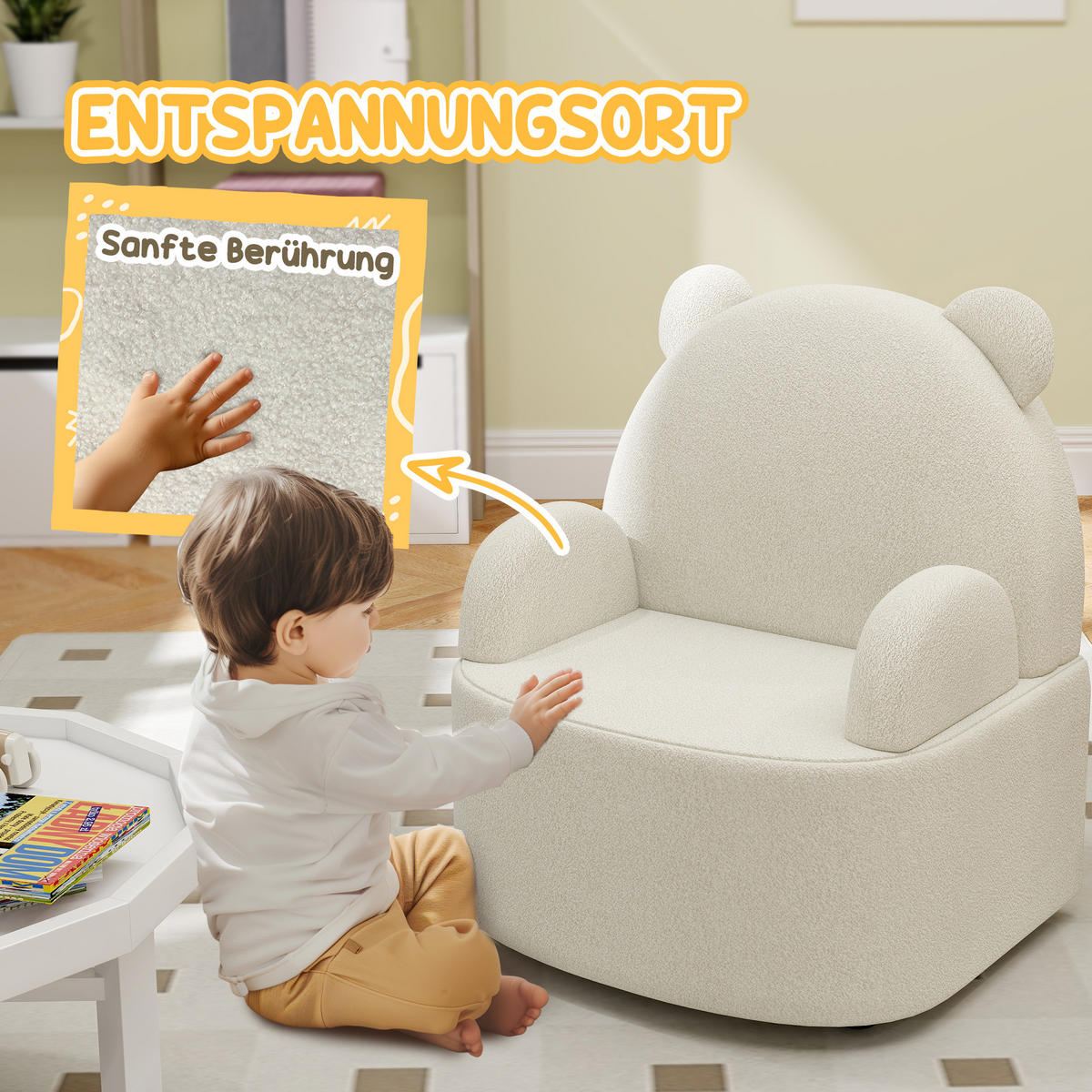 KINDERSESSEL Kindersofa mit weicher Teddyfleece Bärenform für Kinder ab 1,5Jahre - Beige/Schwarz, Holz/Kunststoff (48/59/52cm) - AIYAPLAY