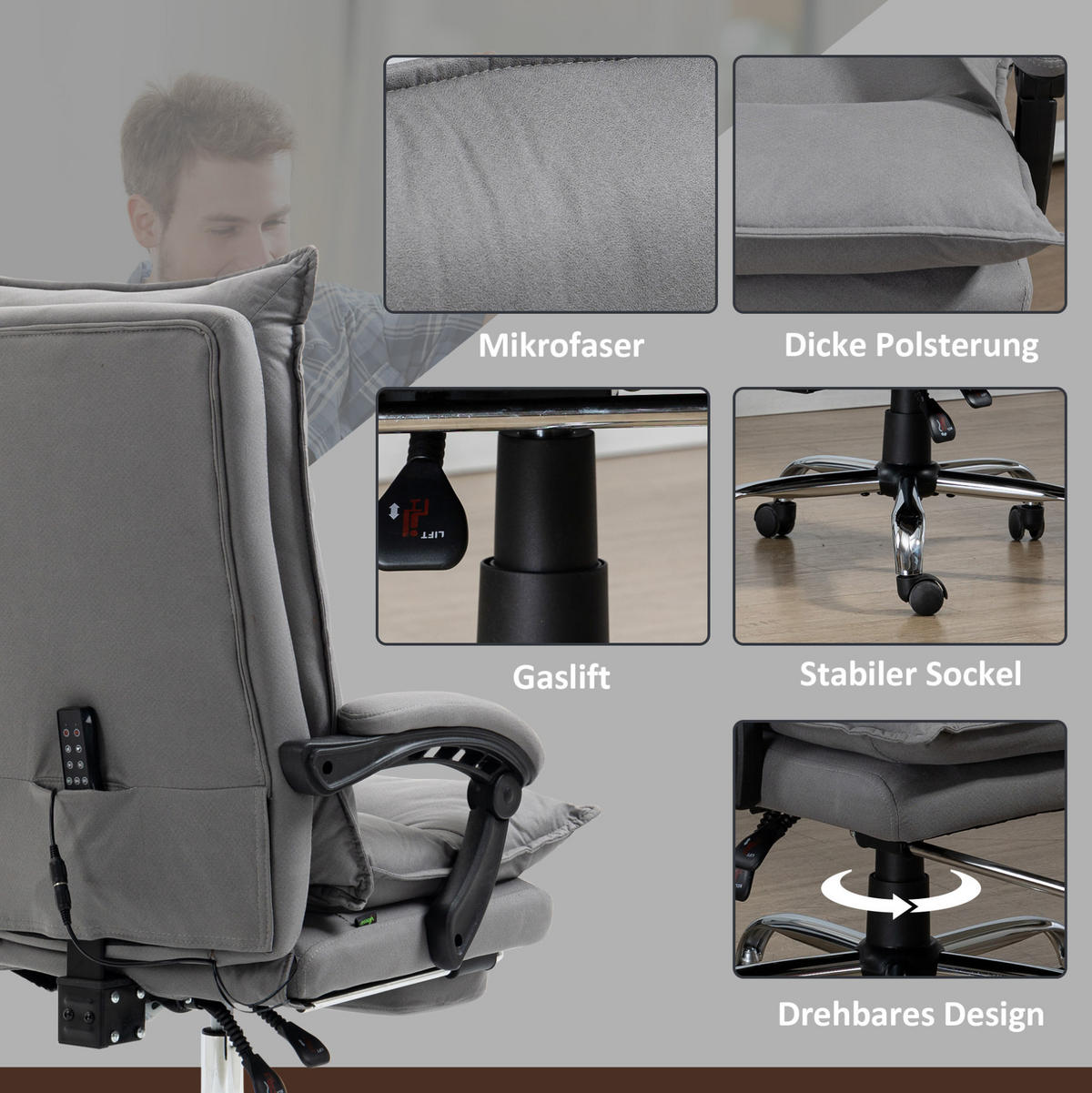 DREHSTUHL, Massage & Heizfunktion, ergonomisch, 66/74/114-121,5 cm, grau - Grau, Kunststoff (74/121.5/66cm) - Redom