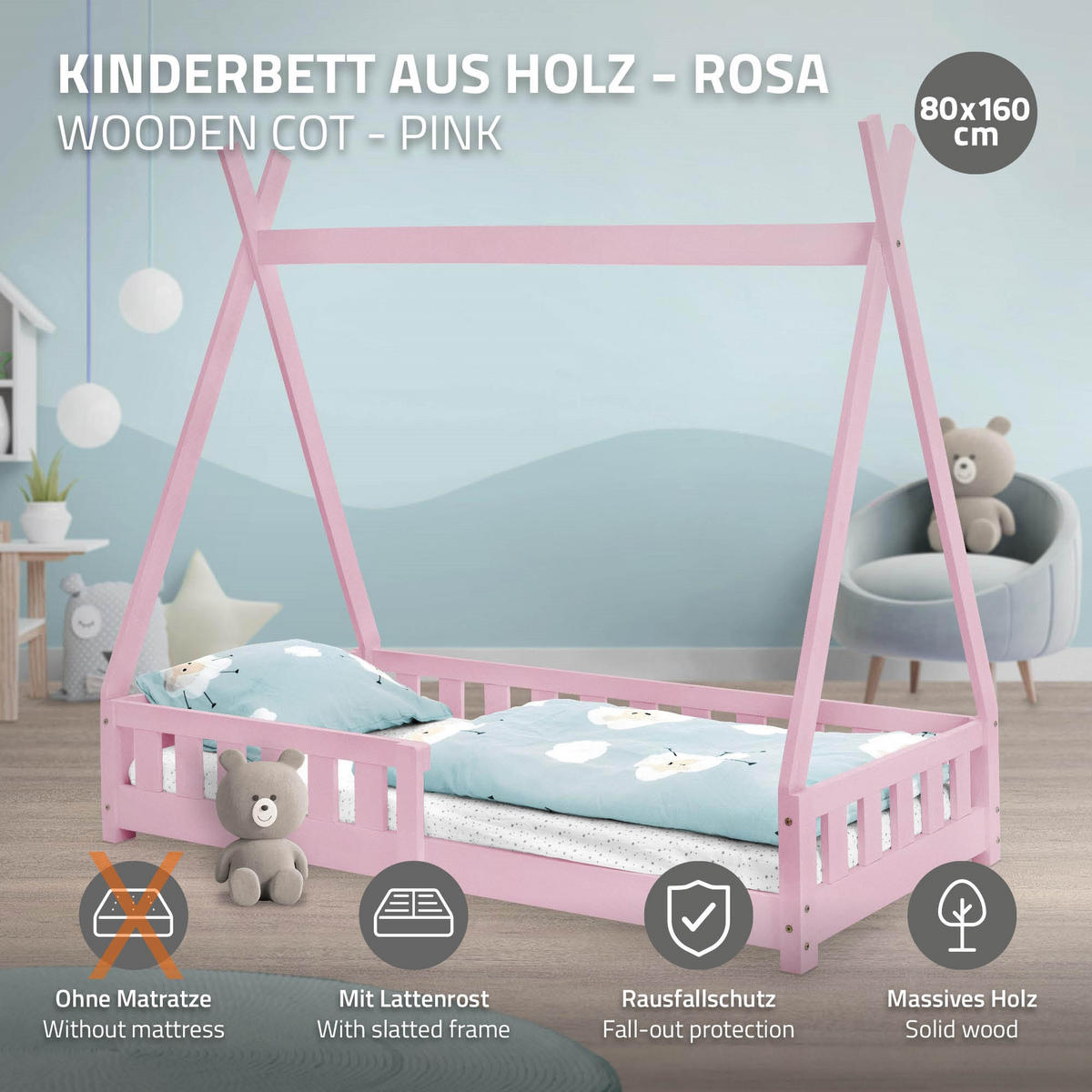 KINDERBETT Tipi 80x160 cm Rosa - Pink, Holz (80/160cm) - ML-DESIGN