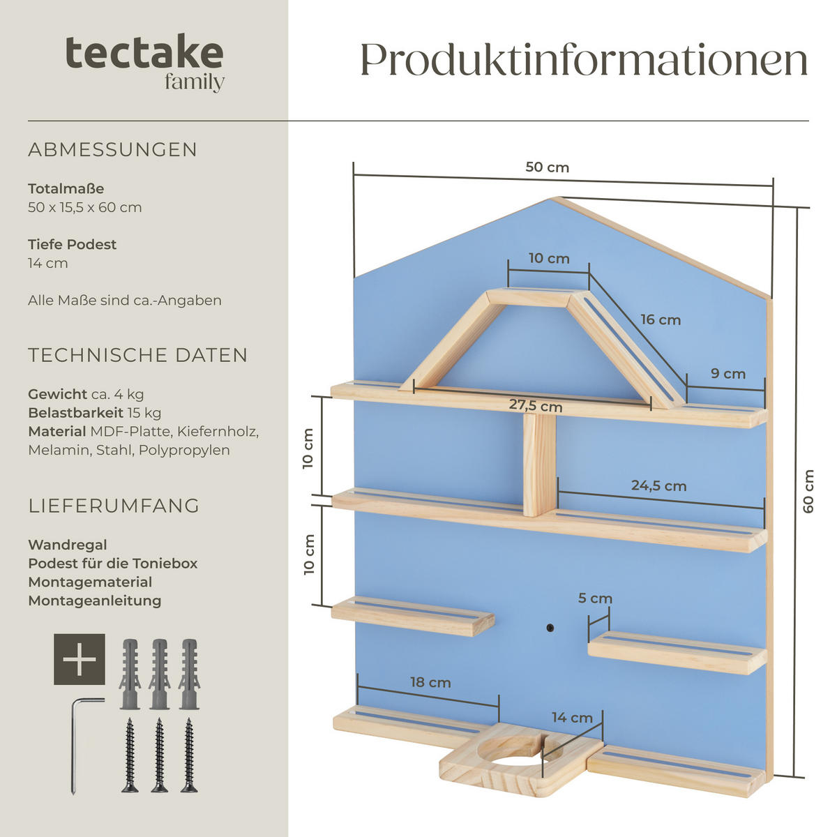 WANDREGAL Mylittle Story,50 x 15,5 x 60 cm, blau - Blau, Holz (50/60/15.5cm) - tectake