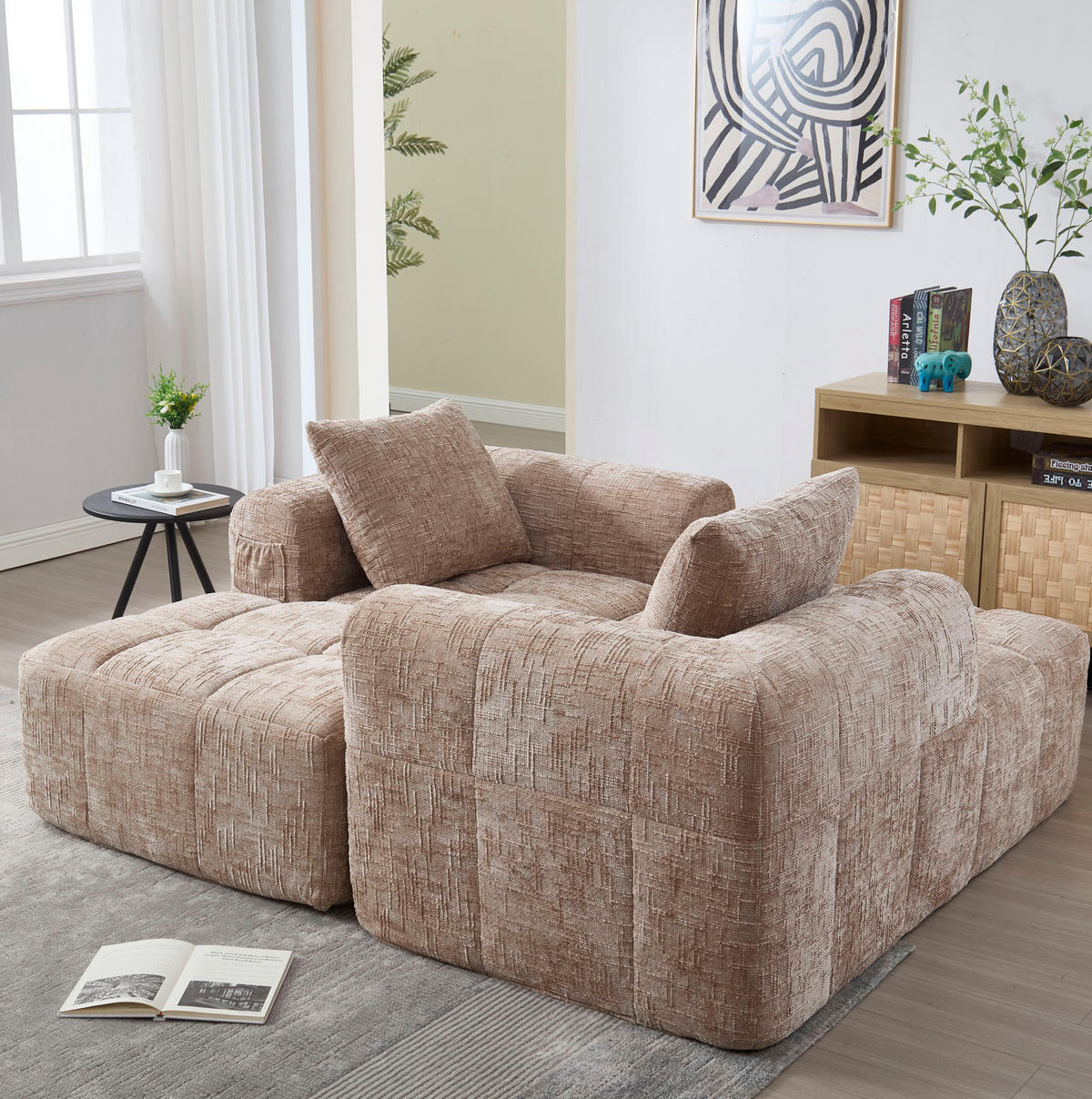 ECKSOFA L-Form 3-Sitzer mit Chaiselongue und Armlehnen Chenille khaki 250/158/60 cm - Naturfarben, Textil (250/158cm) - OKWISH