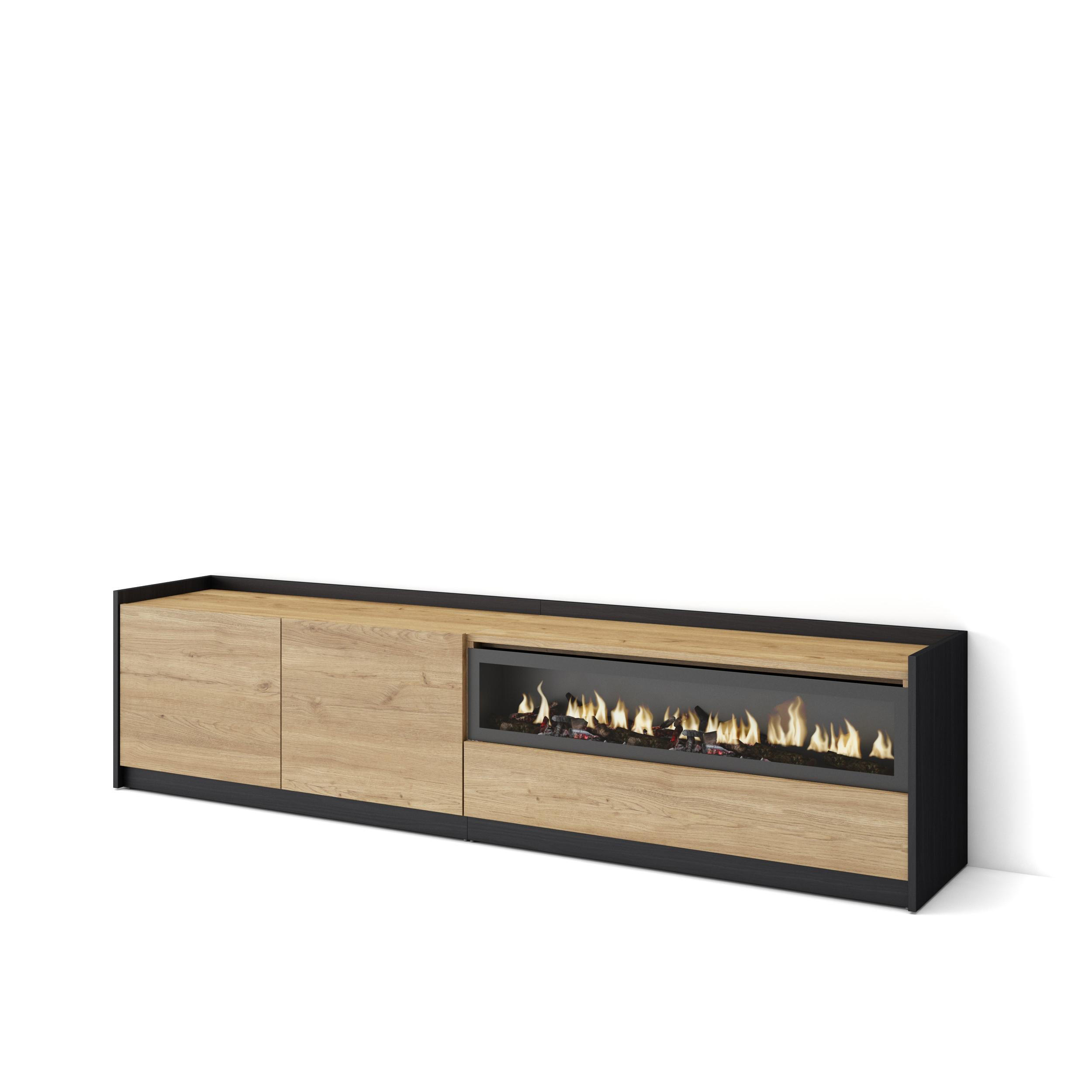 TV-SCHRANK, Lowboard, Eiche Schwarz, Elektrokamin, 207/37/50cm - Eichefarben, Holzwerkstoff (207/50/37cm) - Skraut Home