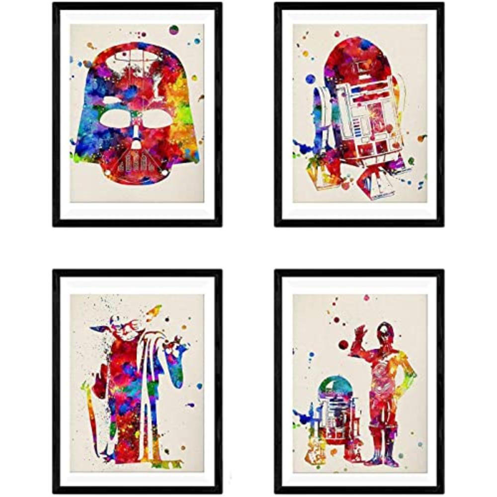 POSTER Set mit 4 Star Wars Film Darth Vader, Yoda, R2D2 und C3PO A4 Schwarzer Rahmen - Schwarz, Papier (29.7/3cm) - Nacnic