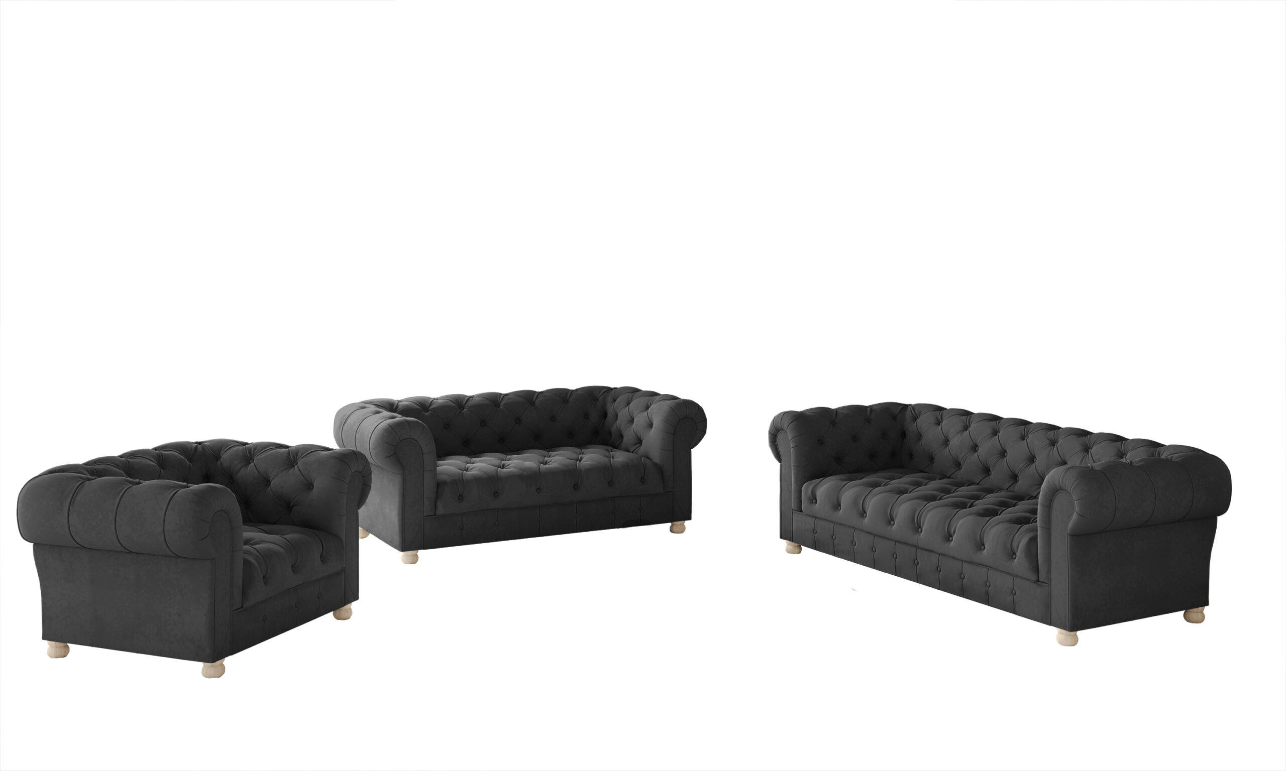 SITZGARNITUR 3+2+1 CHESTERFIELD Elegant Klassisch Schick Stoff Whisper Velours Graphit - Graphitfarben, Holz/Textil (202/77/90cm) - Kaiser Möbel